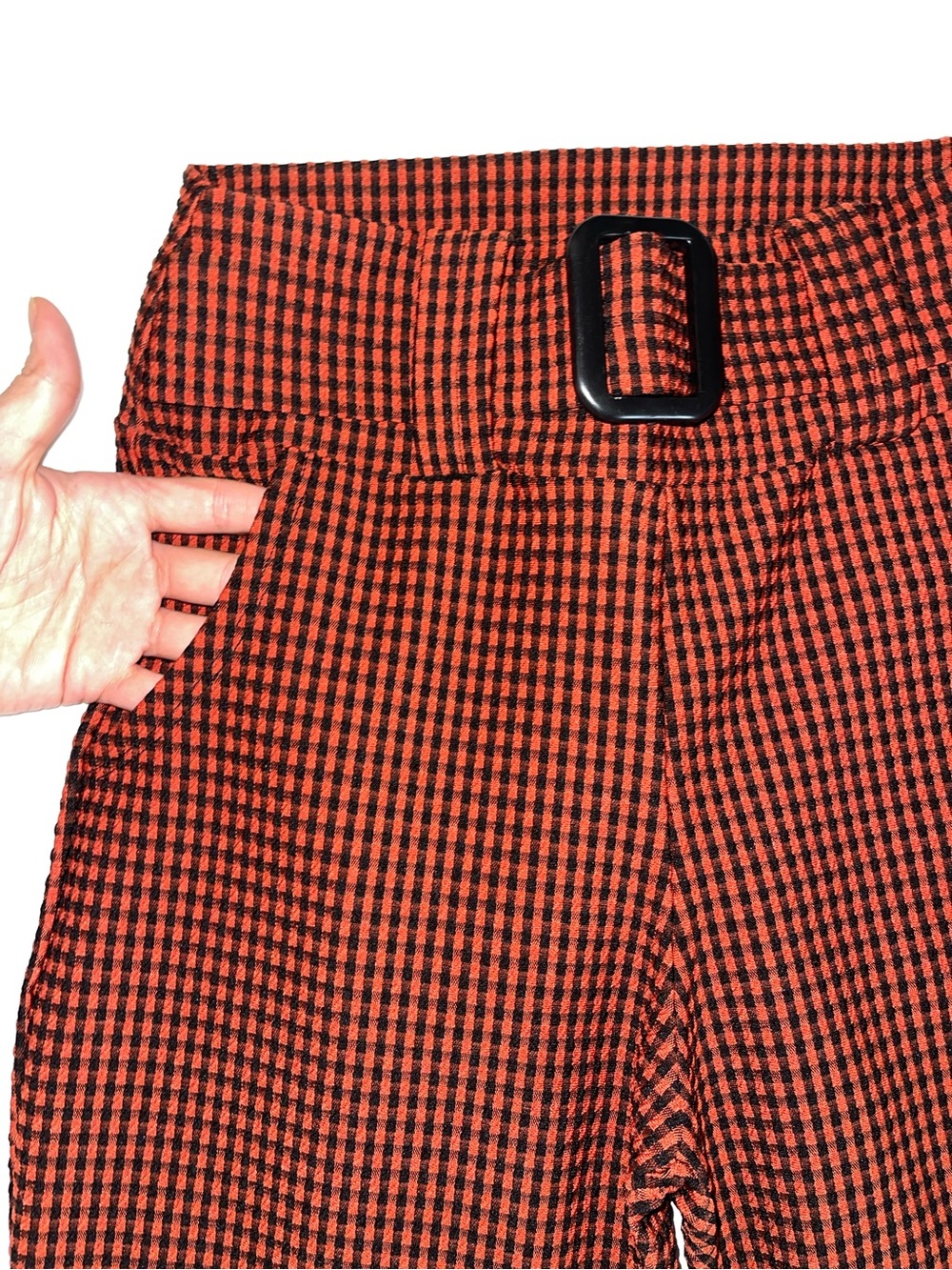 High-Waist Belted Pants in Orange and Black Gingham